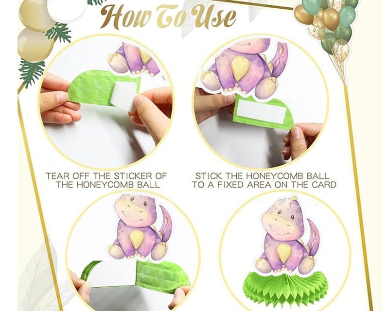 PC Set of 5 Dino Table Honeycombs - Vibrant Dinosaur Themed Decorations for Baby Shower or Birthday Party, Fun Tabletop Accents - Image 4