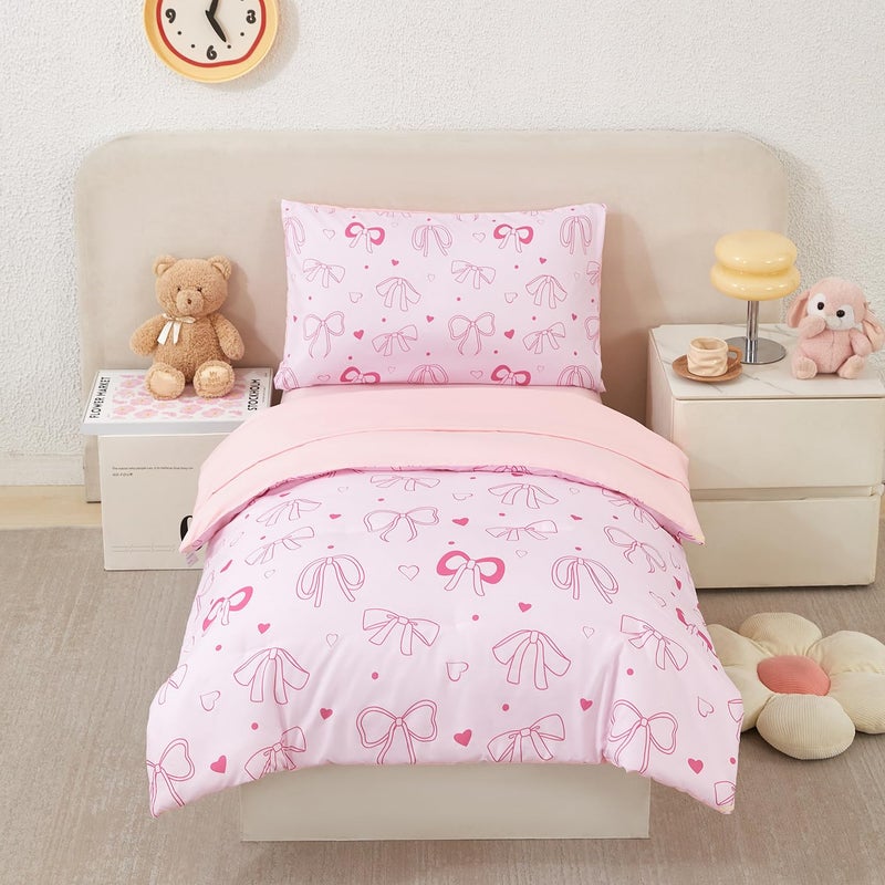 URBONUR 4 Piece Toddler Bedding Set - Soft and Breathable Crib Bedding Set for Girls, Includes Comforter, Fitted Sheet, Flat Top Sheet and Envelope Pillowcase, Pink Bow - Image 1