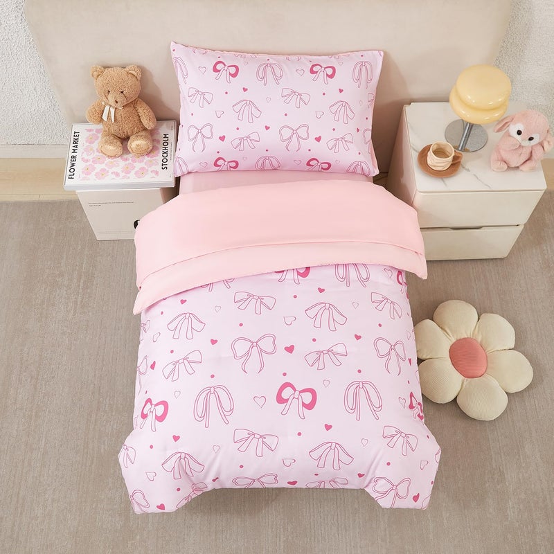 URBONUR 4 Piece Toddler Bedding Set - Soft and Breathable Crib Bedding Set for Girls, Includes Comforter, Fitted Sheet, Flat Top Sheet and Envelope Pillowcase, Pink Bow - Image 3