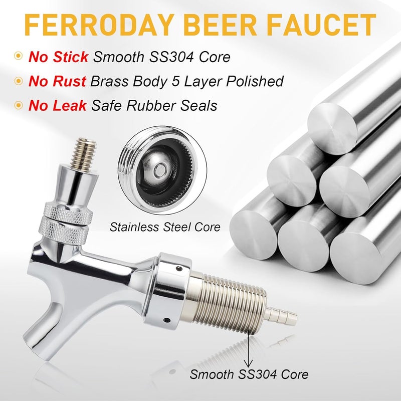 Ferroday Upgraded 1-1/2 inch Shank, Stainless Steel Core Beer Tap Faucet, Chrome Plated Beer Faucet, No-Rust No-Leak Keg Tap Faucet for Homebrew, 1/4 Barb Kegerator Tap Faucet Parts - Image 3