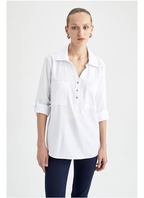 Woman Regular Fit Shirt Neck Woven Long Sleeve Shirt