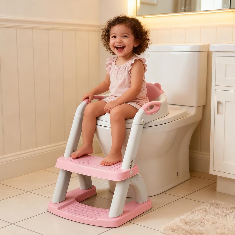 SKYROKU Potty Training Seat, Upgrade Toddler Toilet Seat for Kids Boys Girls, 2 in 1 Potty Training Toilet, Splash Guard Anti-Slip Pad Step Stool,New Sector-Shape Stabilized Base (8899+Pink) - Image 2