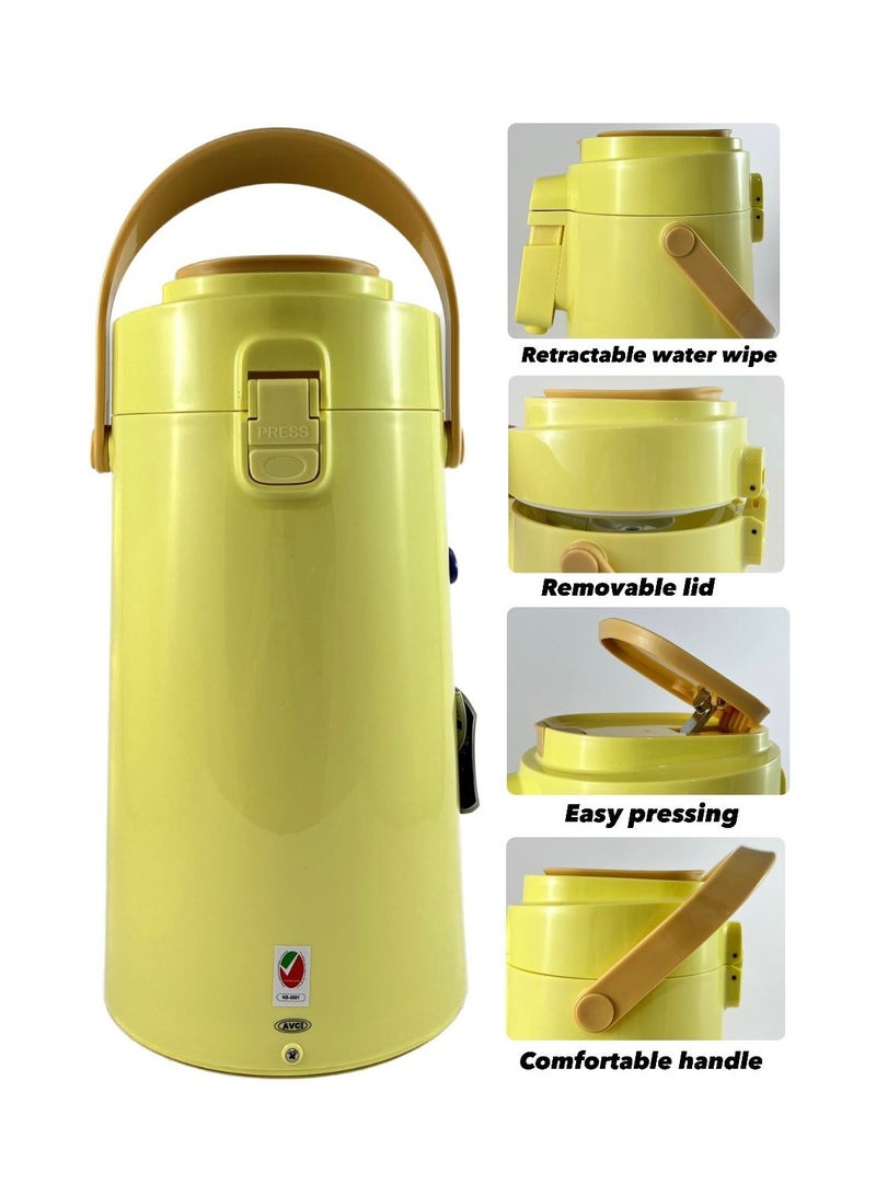 Home Maker Tea & Coffee Vacuum Flask With Pump, Insulated Double Wall Glass 2.2 Litre Capacity - Yellow - Image 3