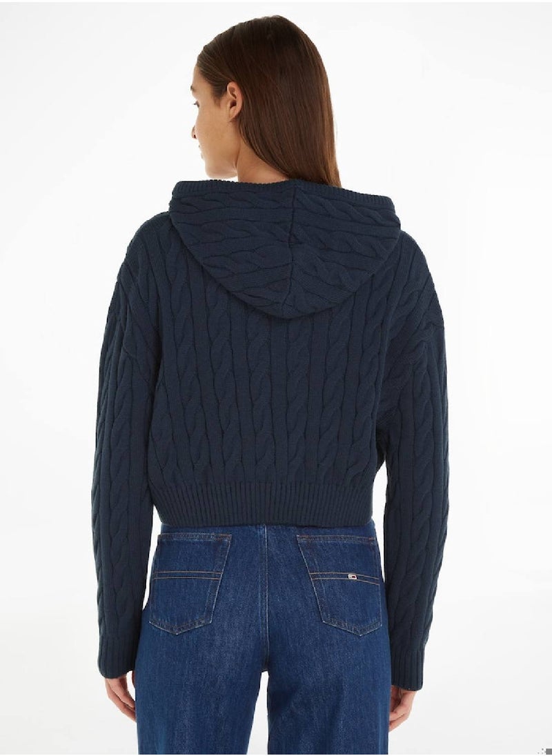 TOMMY JEANS - Women's Cropped Cable Knit Flag Badge Hoody Sweater, Navy - Image 1