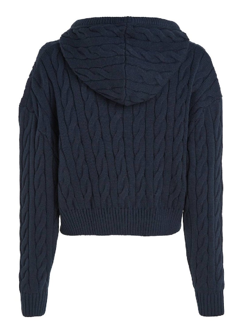 TOMMY JEANS - Women's Cropped Cable Knit Flag Badge Hoody Sweater, Navy - Image 1