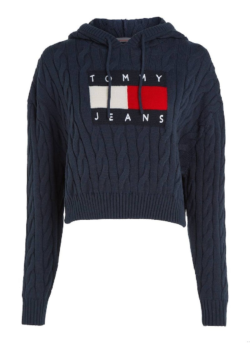 TOMMY JEANS - Women's Cropped Cable Knit Flag Badge Hoody Sweater, Navy - Image 1