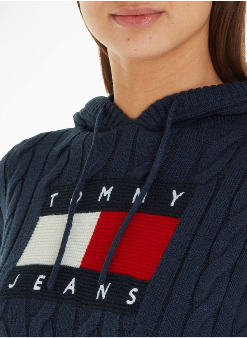 TOMMY JEANS - Women's Cropped Cable Knit Flag Badge Hoody Sweater, Navy - Image 1
