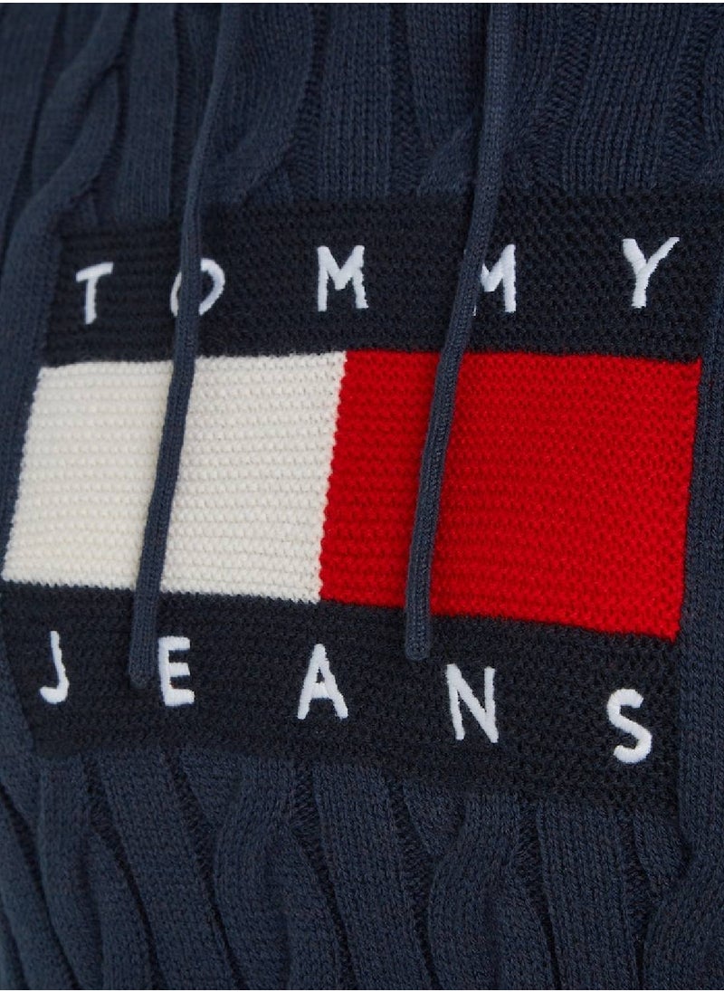 TOMMY JEANS - Women's Cropped Cable Knit Flag Badge Hoody Sweater, Navy - Image 1