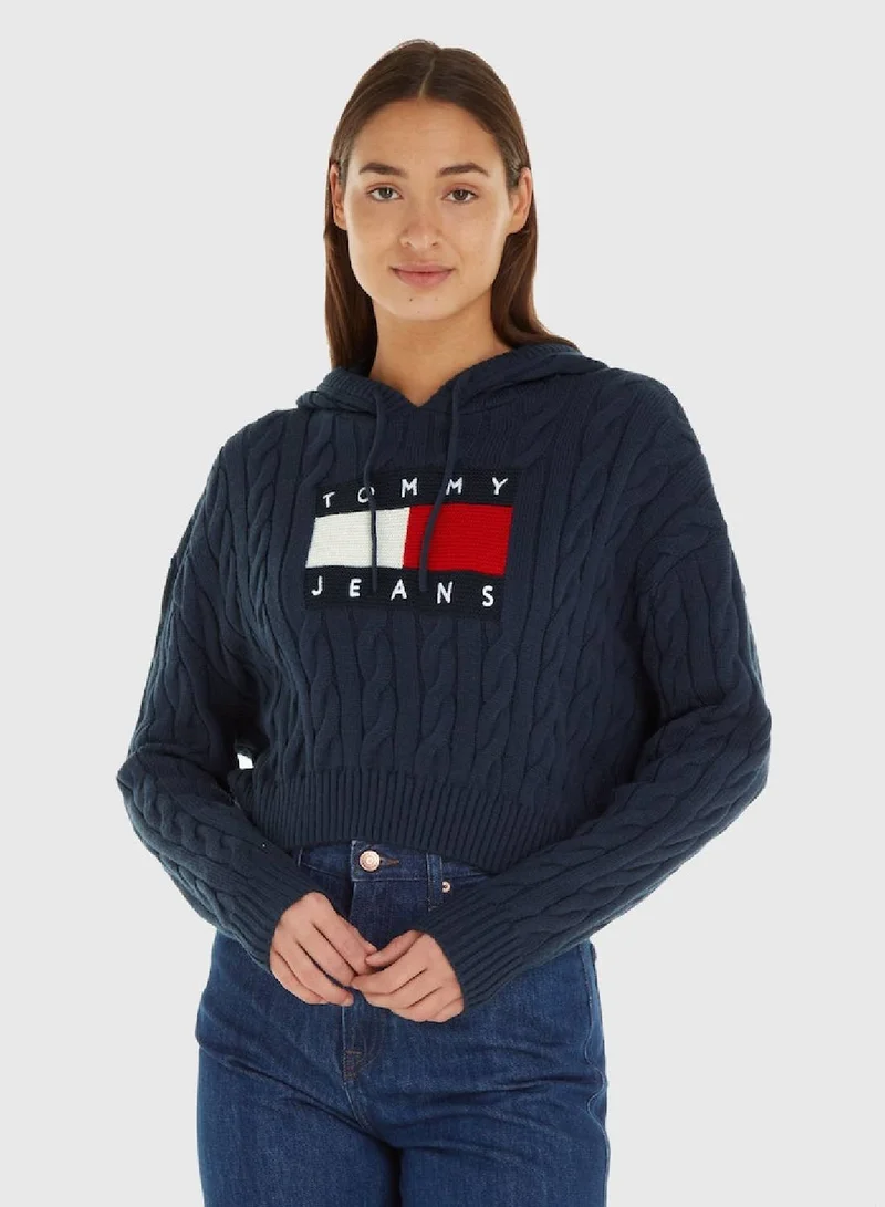 Cropped Cable Knit Flag Badge Hoodie Sweater