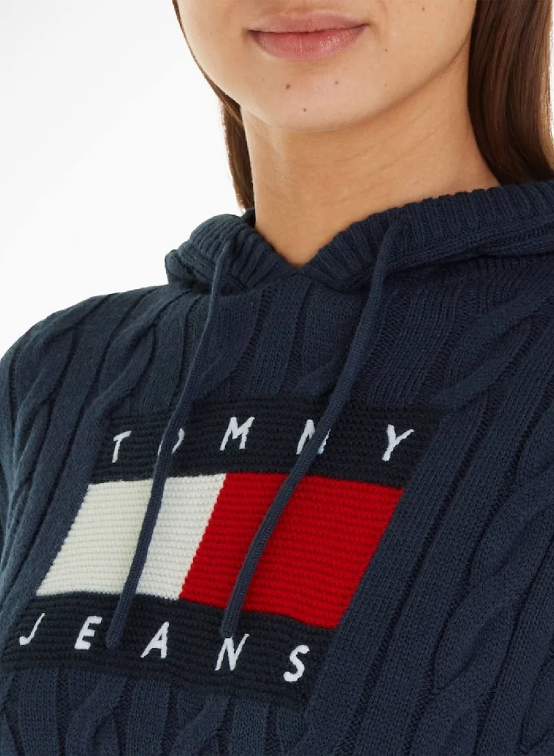 TOMMY JEANS Cropped Cable Knit Flag Badge Hoodie Sweater