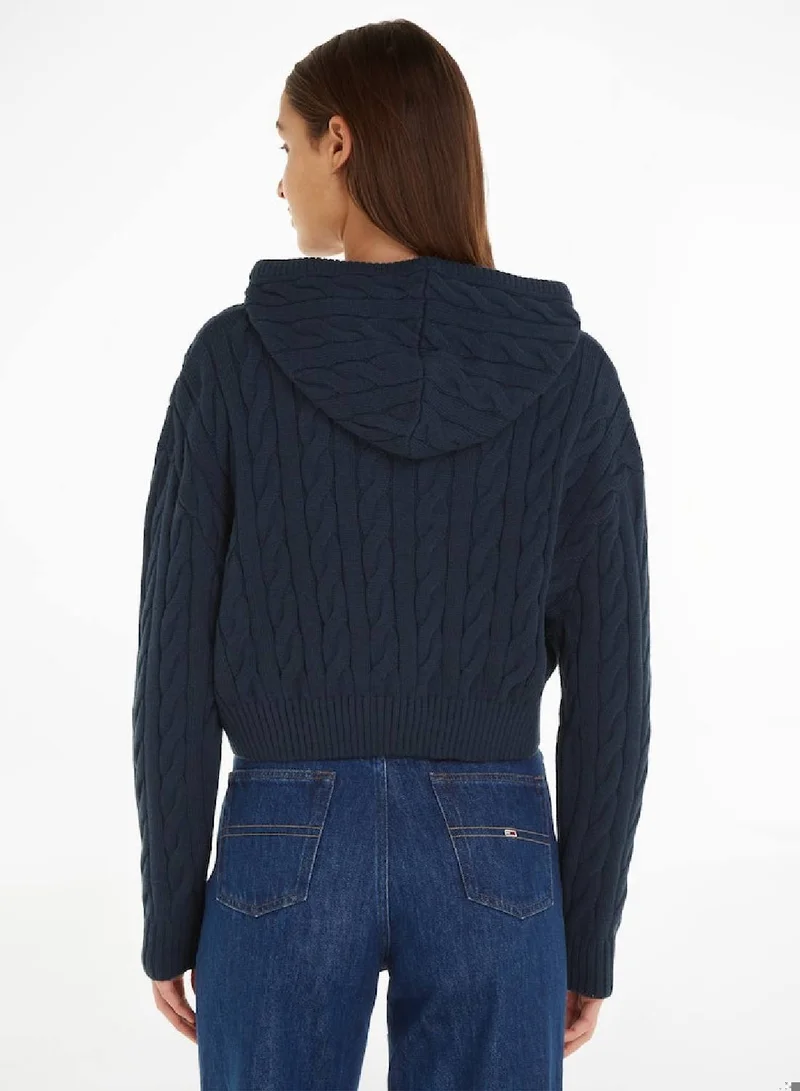 TOMMY JEANS Cropped Cable Knit Flag Badge Hoodie Sweater
