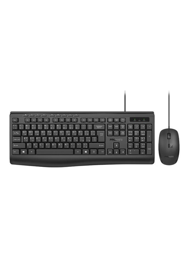 PROMATE Wired Keyboard and Mouse Combo, Ergonomic Slim Full-Size Quiet Keyboard, 2400 DPI Ambidextrous Mouse, Spill-Resistance, Media Keys, Plug and Play for iMac, MacBook Pro, English/Arabic Black - Image 1