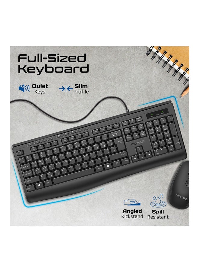 PROMATE Wired Keyboard and Mouse Combo, Ergonomic Slim Full-Size Quiet Keyboard, 2400 DPI Ambidextrous Mouse, Spill-Resistance, Media Keys, Plug and Play for iMac, MacBook Pro, English/Arabic Black - Image 3