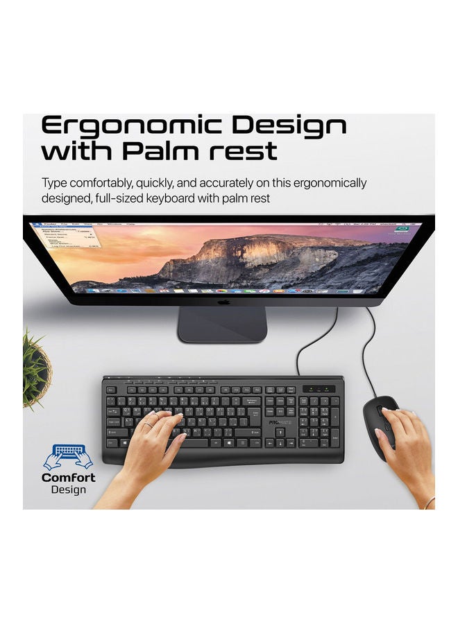 PROMATE Wired Keyboard and Mouse Combo, Ergonomic Slim Full-Size Quiet Keyboard, 2400 DPI Ambidextrous Mouse, Spill-Resistance, Media Keys, Plug and Play for iMac, MacBook Pro, English/Arabic Black - Image 4