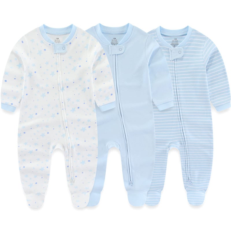 MAMIMAKA Newborn Baby Boy Girls Clothes 2-Way Zip Footed Cotton Bodysuit 3-Pack Long Sleeve Outfits 0-12Months - Image 1