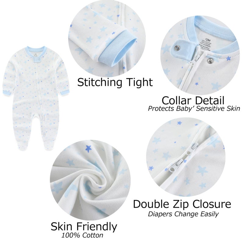 MAMIMAKA Newborn Baby Boy Girls Clothes 2-Way Zip Footed Cotton Bodysuit 3-Pack Long Sleeve Outfits 0-12Months - Image 2