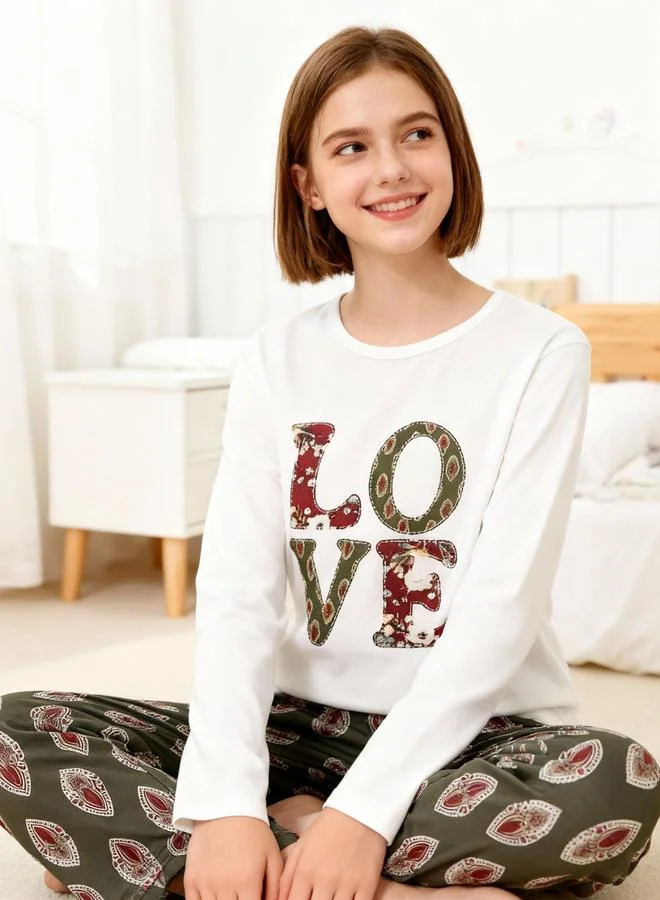 Take Two  Girls Text Print Round Neck Top And Printed Pyjama Set for Women | Best Price UAE