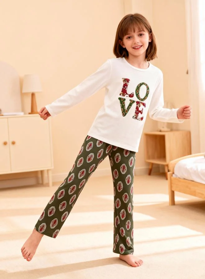 Take Two Girls Text Print Round Neck Top and Printed Pyjama Set