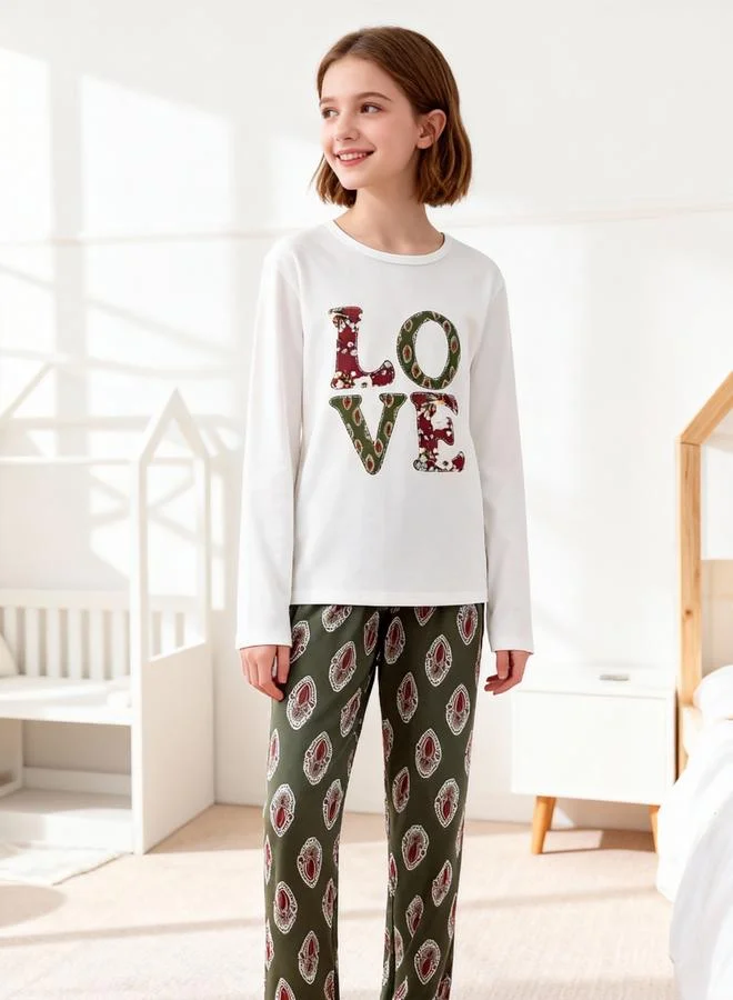 Take Two  Girls Text Print Round Neck Top And Printed Pyjama Set for Women | Best Price UAE
