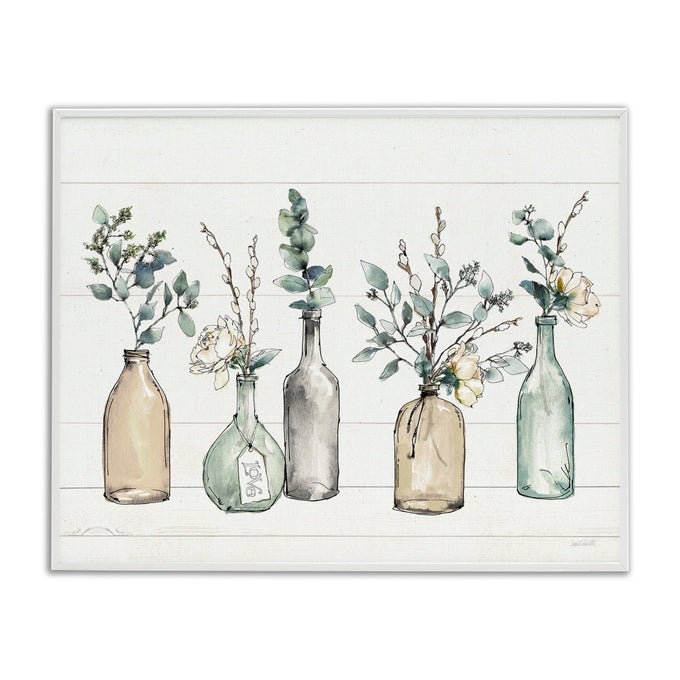 BOTTLES AND PLANTS FARM WOOD TEXTURED DESIGN BY ANNE TAVOLETTI WALL ART 11 X 14 MULTICOLOR WHITE FRAMED