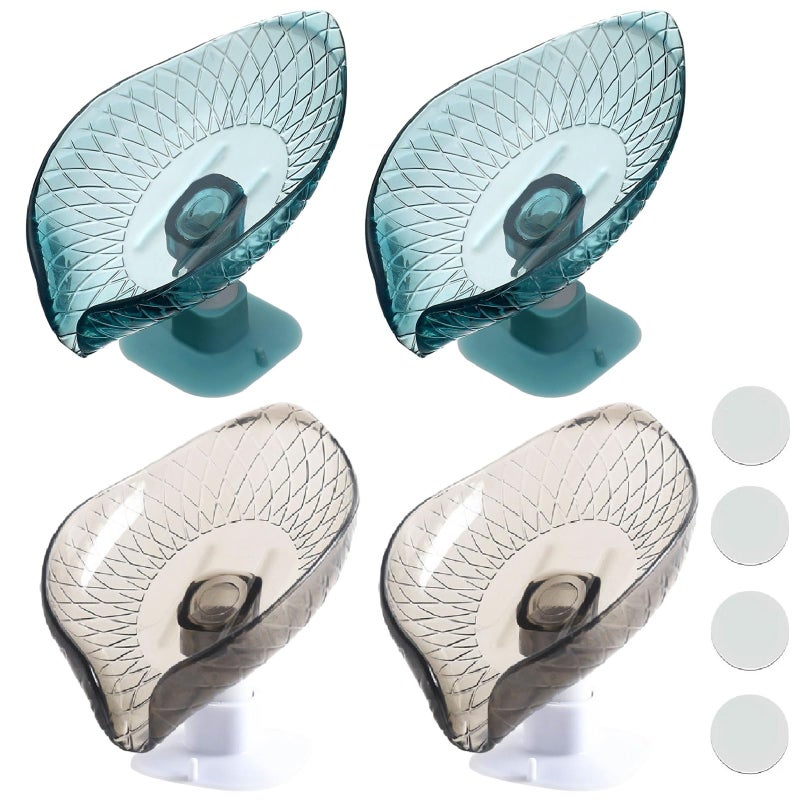 VDKIDKT 4 Pack Transparent Soap Dish Holder Bar Soap Holder Self Draining for Shower Leaf Shape Soap Holder Sponge Container with Enlarged Sucker SelfDraining to Keep Soap Dry 2Blue 2Grey