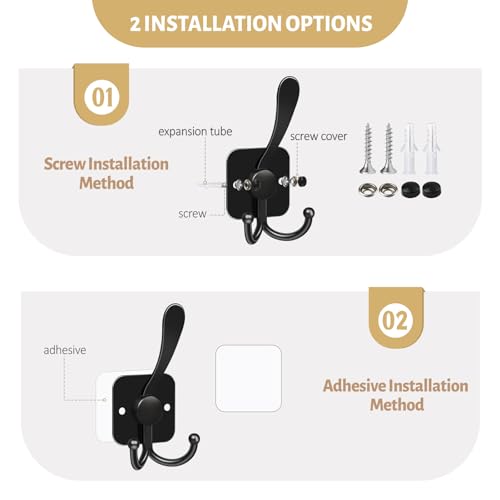 VIS'V 3 Prong Coat Hooks Wall Mount, Metal Self Adhesive Entryway Wall Hooks, 2 Mount Options, Black, 4 Pcs - Image 3