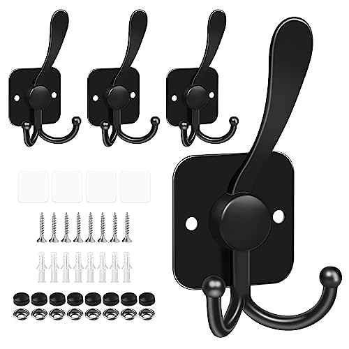 VIS'V 3 Prong Coat Hooks Wall Mount, Metal Self Adhesive Entryway Wall Hooks, 2 Mount Options, Black, 4 Pcs - Image 1