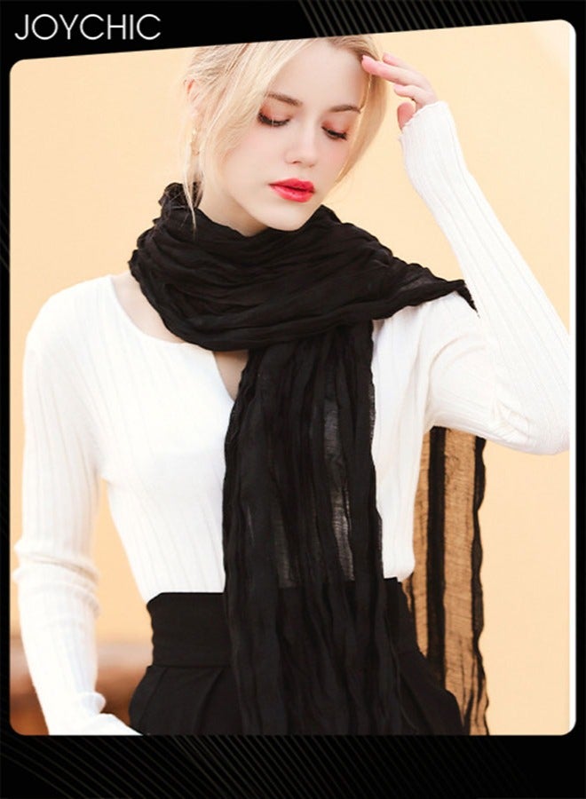Joychic وشاح نسائي متعدد الاستخدامات من القطن والكتان والحرير بألوان صلبة لفصل الربيع، وشاح مسلم من الشاش لحماية الشمس على الشاطئ، وشاح طويل خفيف الوزن متعدد الوظائف للاستخدام اليومي باللون الأسود - Image 2
