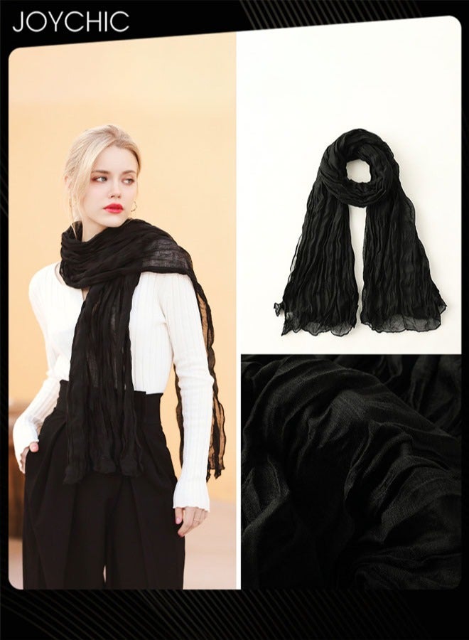 Joychic وشاح نسائي متعدد الاستخدامات من القطن والكتان والحرير بألوان صلبة لفصل الربيع، وشاح مسلم من الشاش لحماية الشمس على الشاطئ، وشاح طويل خفيف الوزن متعدد الوظائف للاستخدام اليومي باللون الأسود - Image 1