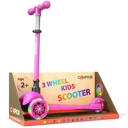 Campior Pink Mini 3 Wheel Scooter for Kids LeantoSteer with LED LightUp Wheels Adjustable Handlebar Wide AntiSlip Deck Smooth PU Wheels Rear Foot Brake Toddler Scooter for Ages 2 - Image 1