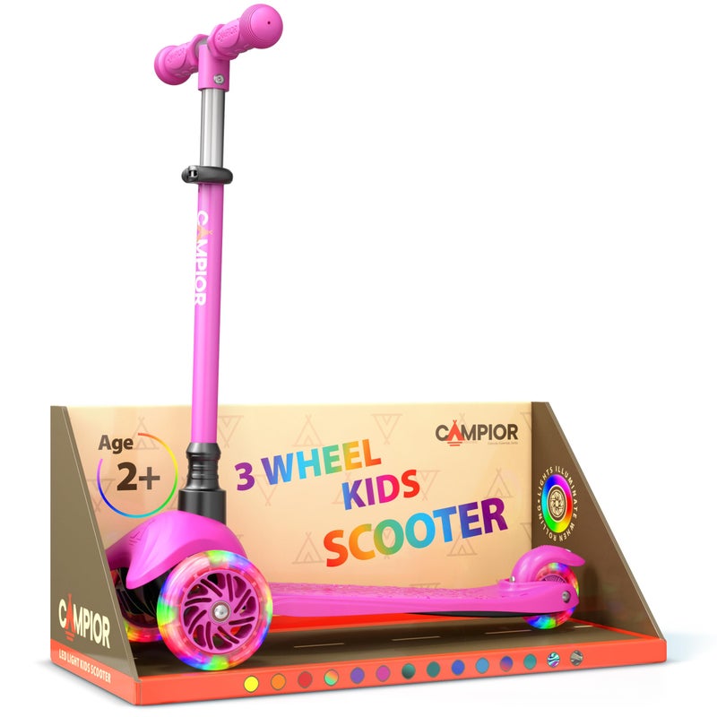 Campior Pink Mini 3 Wheel Scooter for Kids LeantoSteer with LED LightUp Wheels Adjustable Handlebar Wide AntiSlip Deck Smooth PU Wheels Rear Foot Brake Toddler Scooter for Ages 2 - Image 2