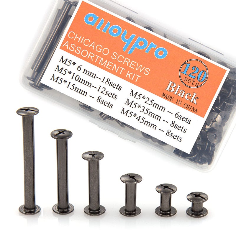 ALLOYPRO 120 Pcs (60 Pair) M5 x 6/10/15/25/35/45 Black Phillips Chicago Screws Binding Screw Posts,Scrapbook Photo Albums Binding Screws Assorted Kit 6 Sizes for Leather Saddles Purses Belt Repair - Image 1