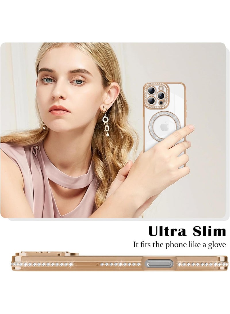 Cover For iPhone 16 Pro Max Magnetic Glitter Case,Luxury Bling Rhinestone Diamond Plated Bumper Case,Compatible with MagSafe, Sparkle Camera Lens Protection Clear Cover for Women Girls(Gold) - Image 4