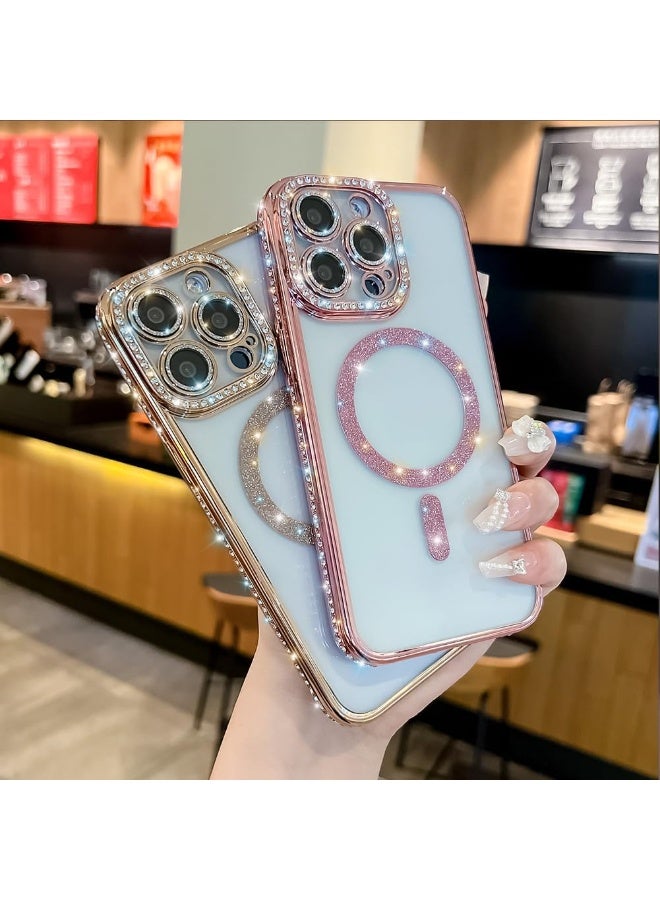 Cover For iPhone 16 Pro Max Magnetic Glitter Case,Luxury Bling Rhinestone Diamond Plated Bumper Case,Compatible with MagSafe, Sparkle Camera Lens Protection Clear Cover for Women Girls(Gold) - Image 2