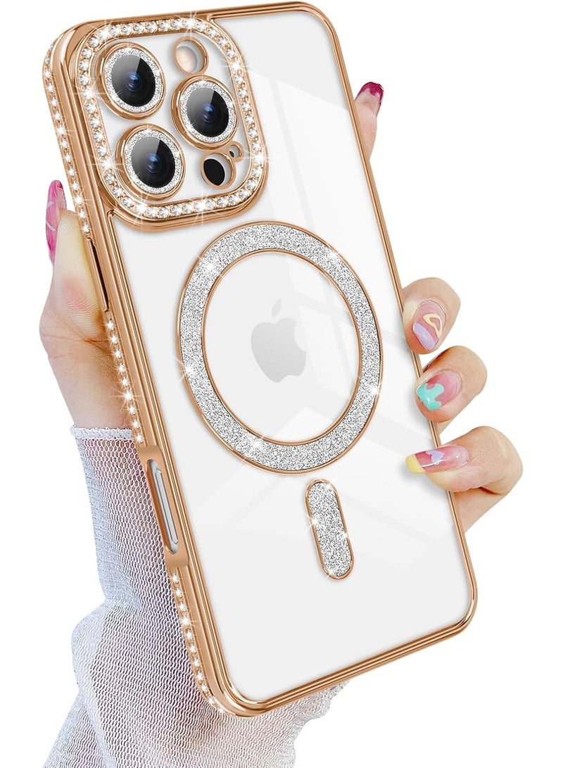 Cover For iPhone 16 Pro Max Magnetic Glitter Case,Luxury Bling Rhinestone Diamond Plated Bumper Case,Compatible with MagSafe, Sparkle Camera Lens Protection Clear Cover for Women Girls(Gold) - Image 3