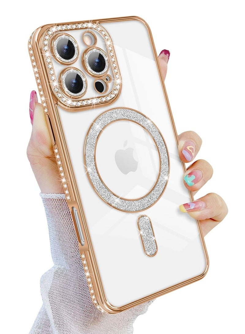 Cover For iPhone 16 Pro Max Magnetic Glitter Case,Luxury Bling Rhinestone Diamond Plated Bumper Case,Compatible with MagSafe, Sparkle Camera Lens Protection Clear Cover for Women Girls(Gold) - Image 1