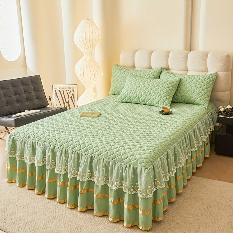 3pcs Set High-End Luxurious Quilted -Lined Lace Trim Bed Skirt Set: Bed Skirt *1 + Pillowcases *2. Skin-friendly, Breathable, Soft, and Comfortable Bed Skirt. Thickened and Warm Bedding for Autumn and Winter. Non-slip Mattress Protector, Solid Color - Image 3