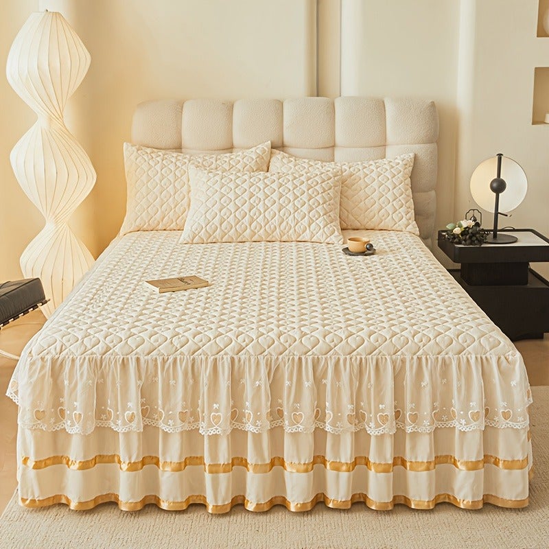3pcs Set High-End Luxurious Quilted -Lined Lace Trim Bed Skirt Set: Bed Skirt *1 + Pillowcases *2. Skin-friendly, Breathable, Soft, and Comfortable Bed Skirt. Thickened and Warm Bedding for Autumn and Winter. Non-slip Mattress Protector, Solid Color - Image 5