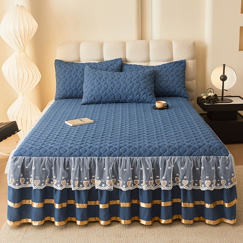 3pcs Set High-End Luxurious Quilted -Lined Lace Trim Bed Skirt Set: Bed Skirt *1 + Pillowcases *2. Skin-friendly, Breathable, Soft, and Comfortable Bed Skirt. Thickened and Warm Bedding for Autumn and Winter. Non-slip Mattress Protector, Solid Color - Image 4