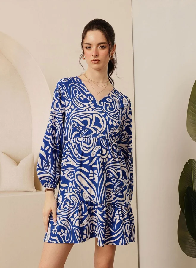 STREET 9 Ethnic Motifs Printed V-Neck A-Line Mini Dress for Women