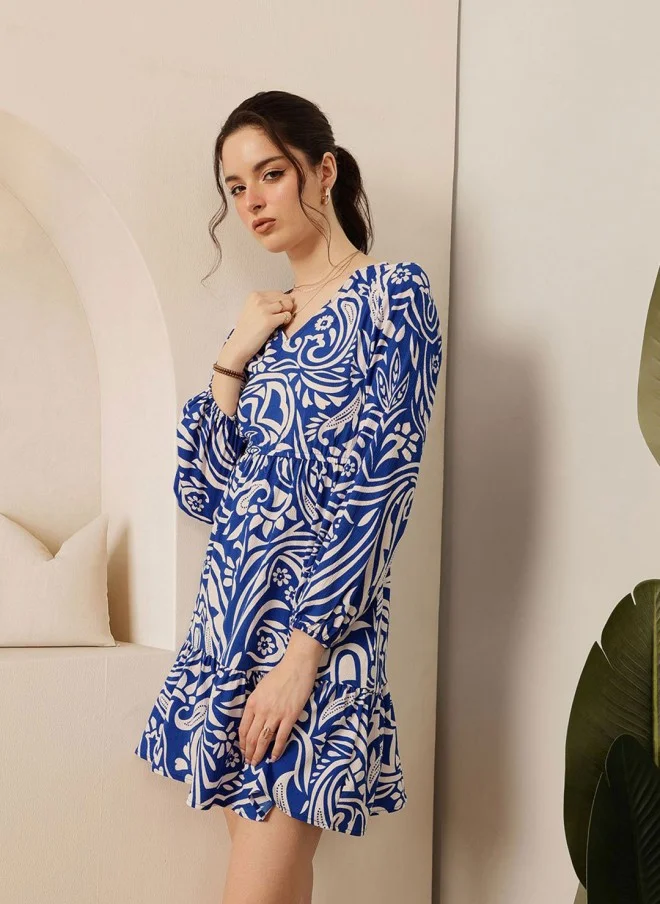 STREET 9 Ethnic Motifs Printed V-Neck A-Line Mini Dress for Women