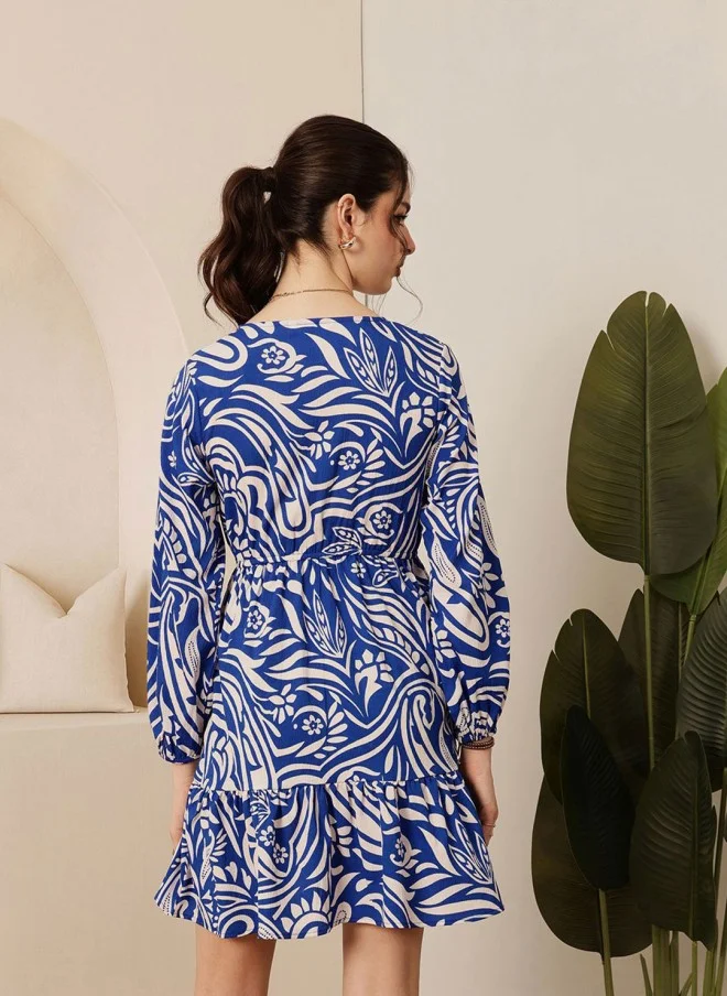STREET 9 Ethnic Motifs Printed V-Neck A-Line Mini Dress for Women