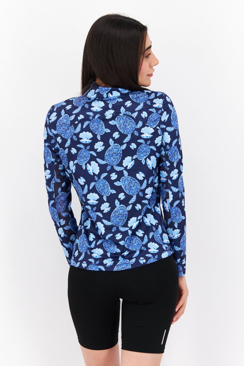 X by Gottex Women Sportswear Fit Long Sleeve Front Zip Jacket, Navy Blue Combo - Image 3