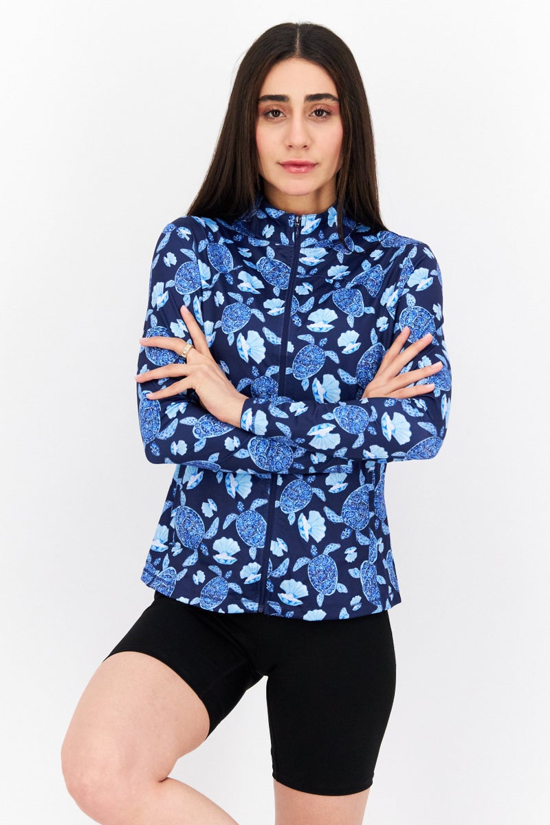 X by Gottex Women Sportswear Fit Long Sleeve Front Zip Jacket, Navy Blue Combo - Image 1