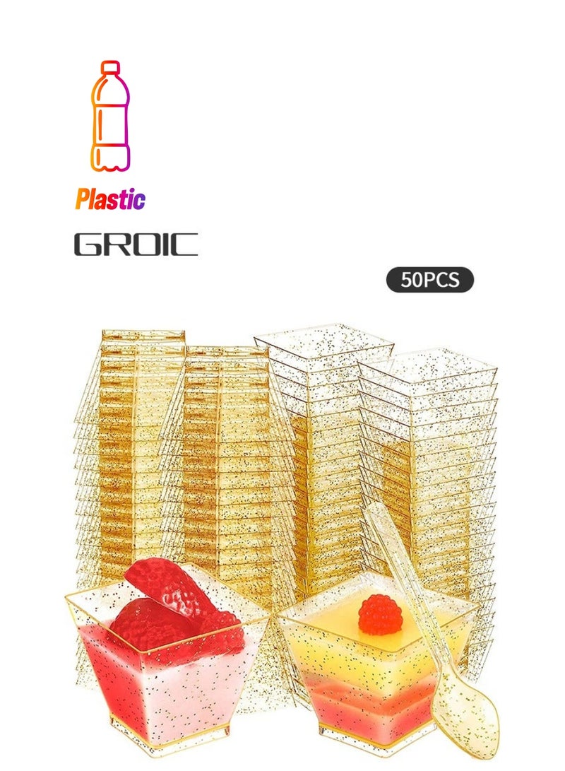 جرويك 50 قطعة من أكواب الحلوى، 2 أونصة / 60 مل حلوى صغيرة مع ملاعق، كوب بلاستيكي قابل لإعادة الاستخدام، مقبلات، تقديم مربعة، أدوات الحفلات، مستلزمات الحفلات - Image 1