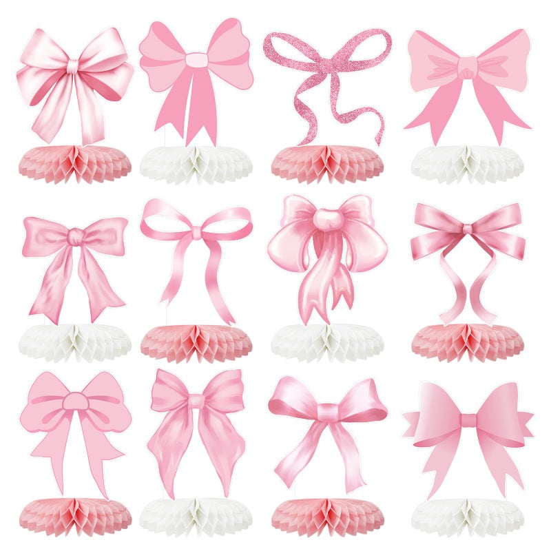 Tarklanda 12 Pcs Pink Bow Party Decorations Honeycomb Centepieces 3D Coquette Birthday Table Decor Pink Bow Party Table Topper for Birthday Bachelorette Bridal Wedding Party Supplies - Image 1