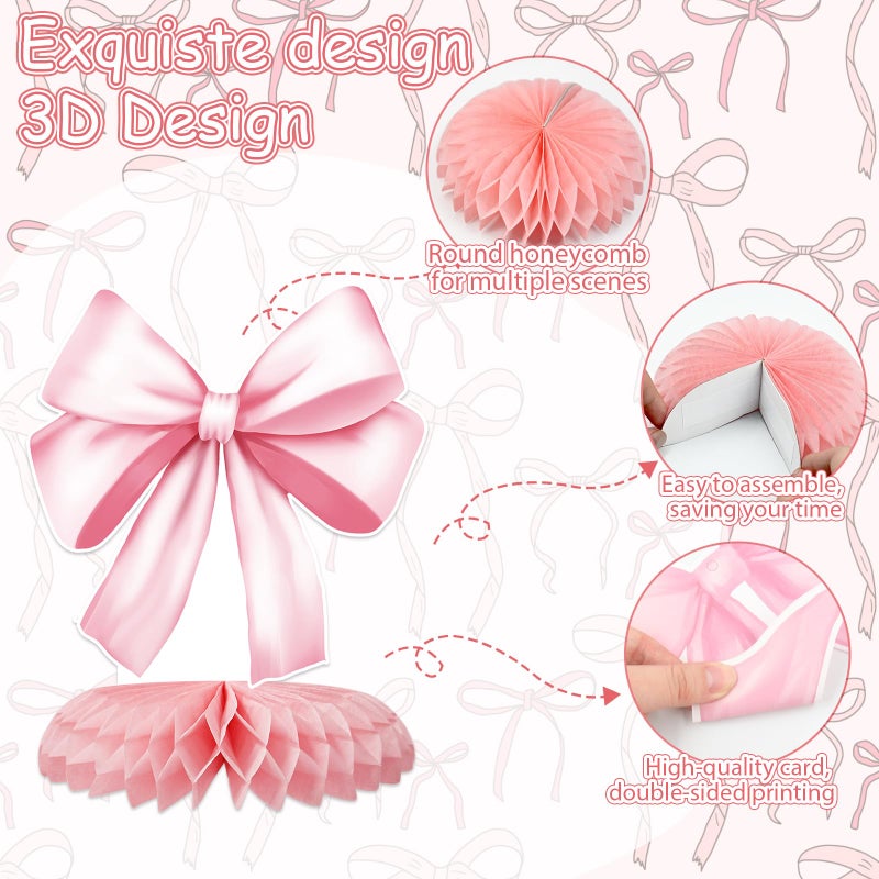 Tarklanda 12 Pcs Pink Bow Party Decorations Honeycomb Centepieces 3D Coquette Birthday Table Decor Pink Bow Party Table Topper for Birthday Bachelorette Bridal Wedding Party Supplies - Image 3