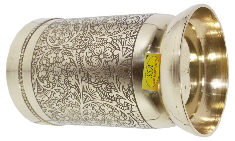 SHIV SHAKTI ARTS Brass Thali Set 6 pcs 2 Brass bowls1 glass1 Plate 1 Puding Plate 1 Spoon Restaurant Ware Home Hotel Yellow - Image 2