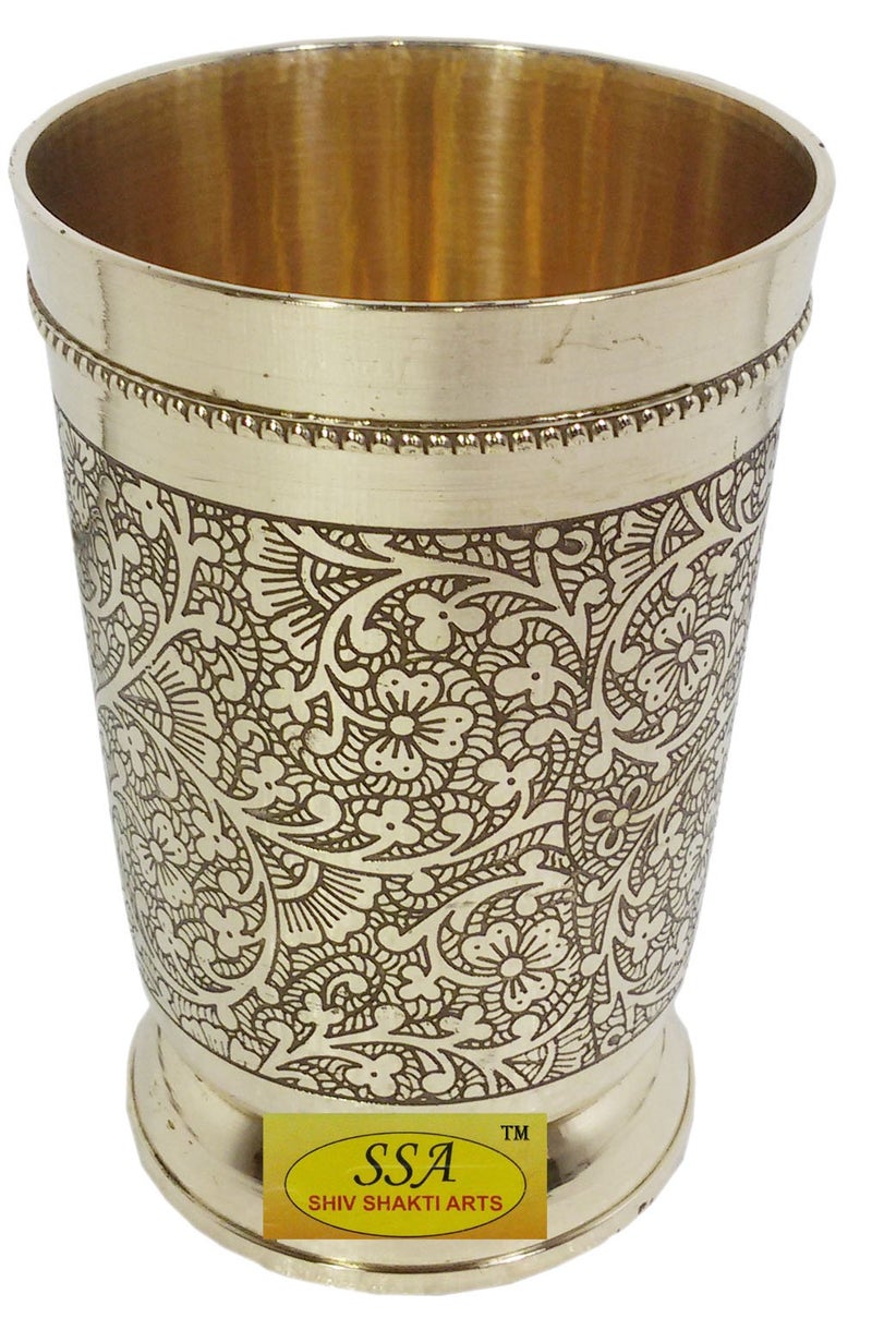 SHIV SHAKTI ARTS Brass Thali Set 6 pcs 2 Brass bowls1 glass1 Plate 1 Puding Plate 1 Spoon Restaurant Ware Home Hotel Yellow - Image 5