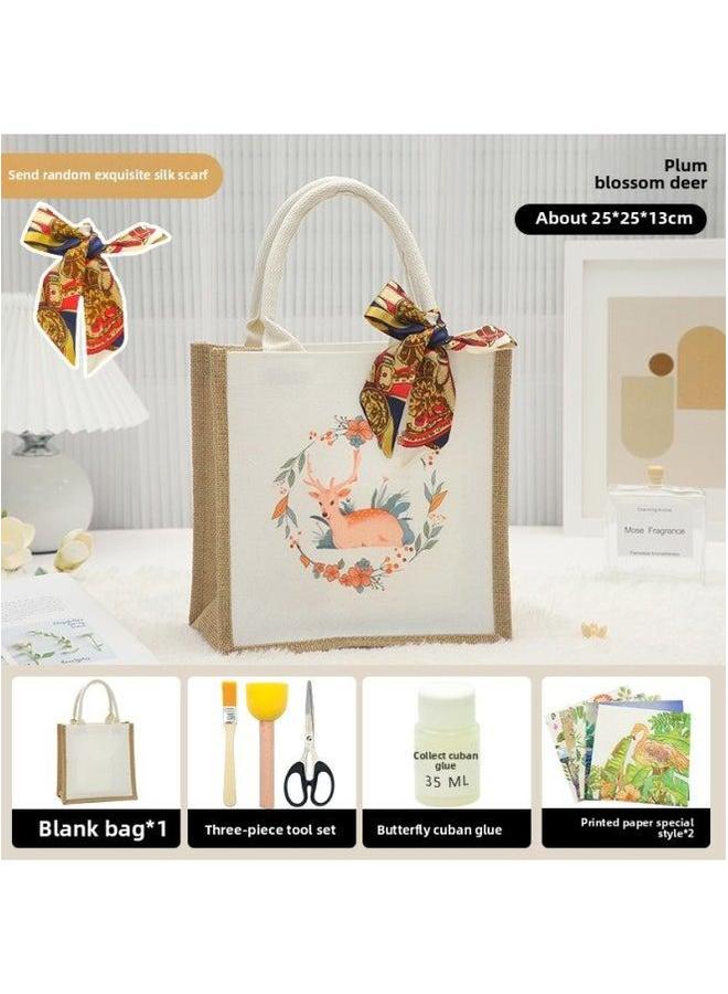 Thanksgiving Diy Handmade Butterfly Ancient Bart Canvas Tote Bag Sack Paste Group Building Parent-child Material Warm-up Field-Color:LB-N11 Sika Deer Including Scissors Glue_vertical  - Image 1